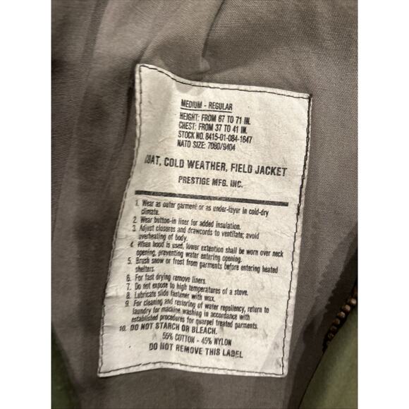 Vtg US Military Field Coat Jacket Mediun Regular Cold Weather Prestige Mfg. - Picture 2 of 6